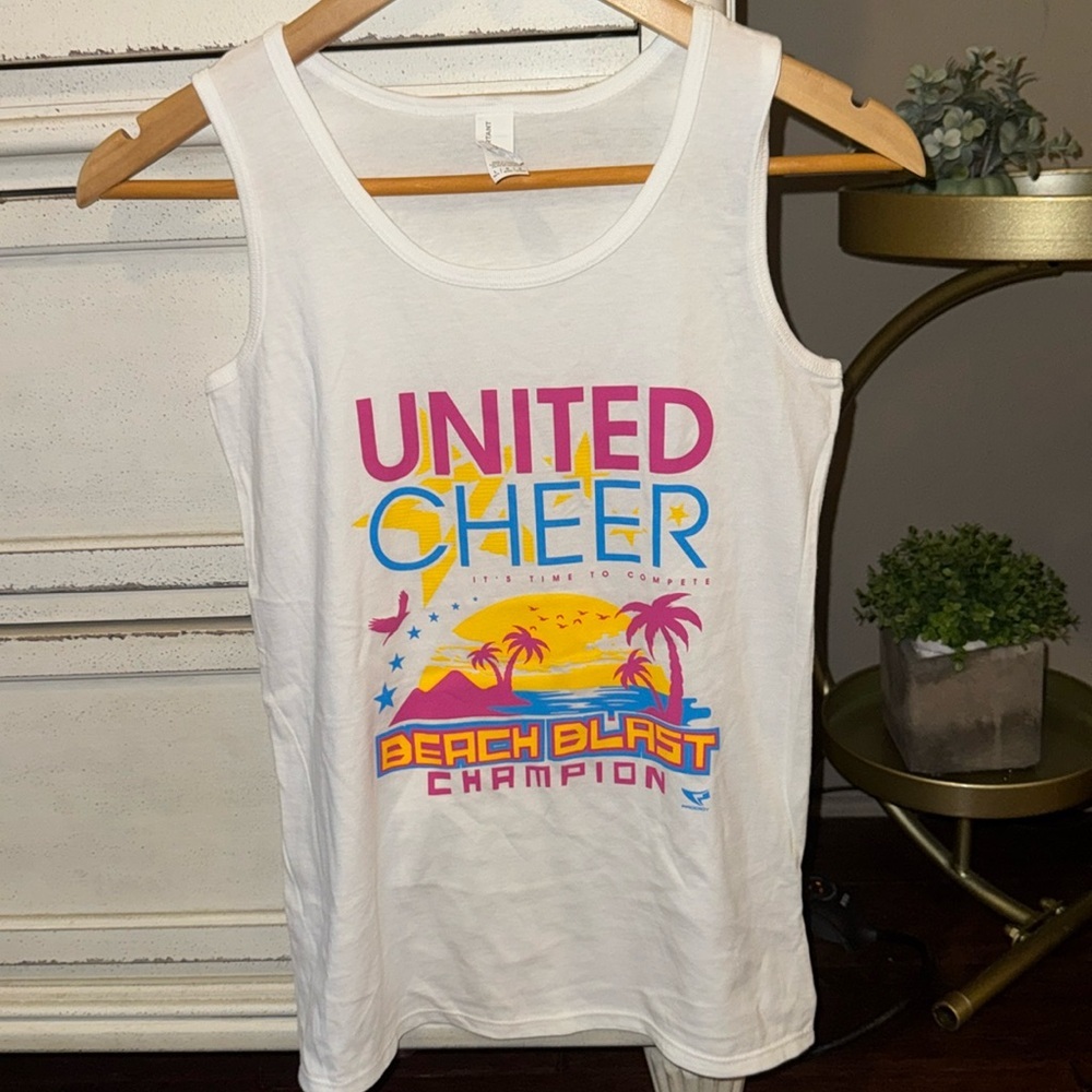 Cheer competition tank top beach blast cheerleader white pink shirt youth Large​